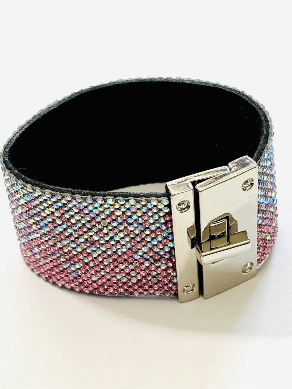 Jacqueline Kent Pink AB Rhinestone Wide Cuff Bracelet Silver Tone Statement 7.5”